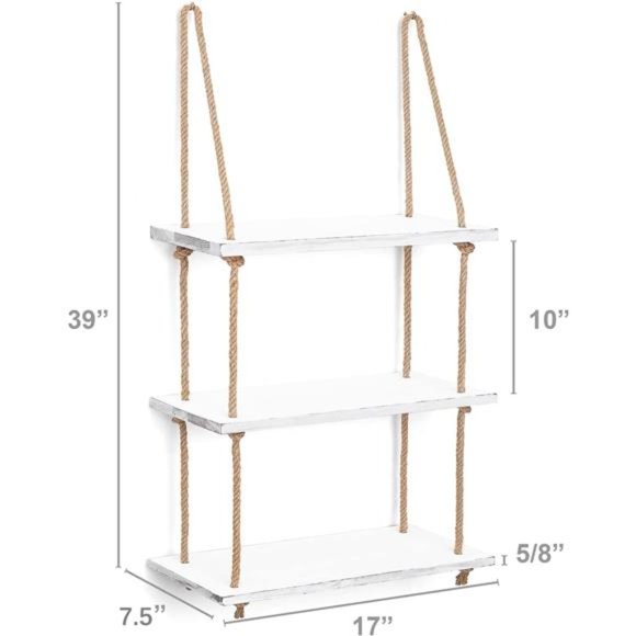 Hanging Shelves 3 Tier White Wood Wall Mount Floating Shelf with Rope Boho Decor - Picture 2 of 5